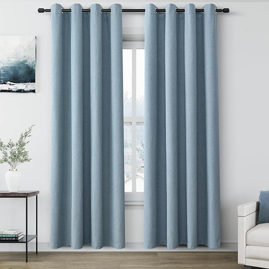 100% Blackout Linen Curtains for Bedroom Thermal Insulated Grommet Complete Blackout Drapes 80 Inch Length 2 Panels Set Heat and Full Light Blocking Living Room Darkening Curtains Blue