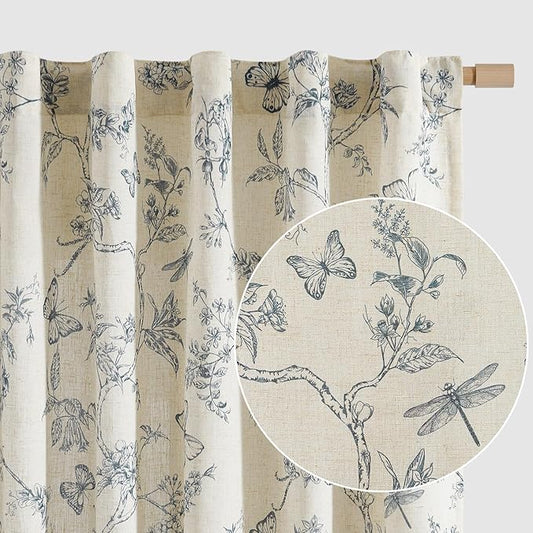 Lazzzy Linen Blue Floral Curtains 90 Inch Length Farmhouse Curtain Back Tab Drapes for Living Room Bedroom Light Filtering Vintage Rod Pocket Curtains, 2 Panels, Blue on Beige