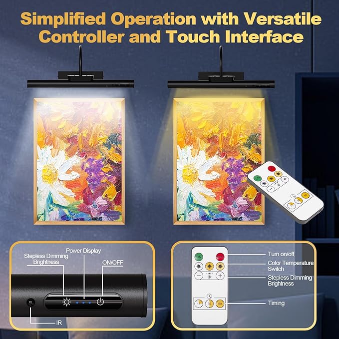 Dimmable Cordless Picture Light with Controller and Timer, Rechargeable Battery Wall Sconce for Wall Pictures, Gallery Artwork, Paintings, Portraits, Dartboards (Black)