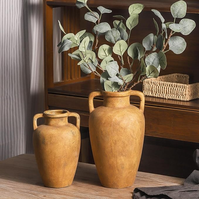 Large Ceramic Vase with 2 Handles, 11.41 inch Terracotta Rustic Farmhouse Vase for Home Decor, Wide Mouth, Living Room Shelf Decor, Enterway, Wedding, Table Decoration