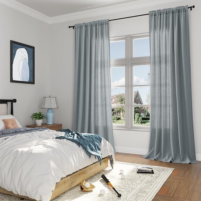 Guken Dark Blue Linen Curtains 96 Inches Long 2 Panel Set Rod Pocket Semi Sheer Dining Room Cozy Bedroom Decor Cotton Look Country Rustic Boho Farmhouse Curtains, 52x96