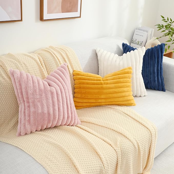 decorUhome Faux Fur Christmas Throw Pillow Covers 26x26 Set of 2, Decorative Soft Plush Striped Neutral Couch Euro Pillow Covers with Velvet Back for Sofa, Bed, Living Room Home Decor, Cream White