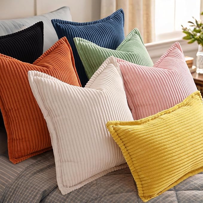 decorUhome Corduroy Black Throw Pillow Covers 22x22 Set of 2 Decorative Soft Boho Farmhouse Euro Couch Pillow Covers for Living Room Bed Sofa Broadside Striped Pillow Cases
