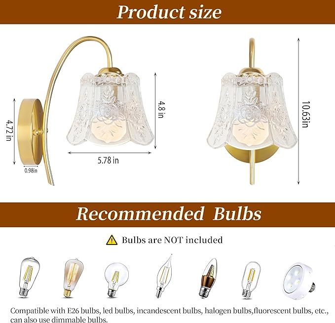 Vintage Battery Operated Wall Sconce with Flower lampshade,Rechargeable Battery Powered Wall Lights,Wall lamp with 15 Colors for Bedroom Living Room Home Decor (Clear Rose, 2 Light Battery Operated)