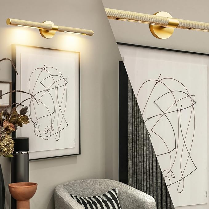 24” Brass Picture Lights, 3000K&6000K Modern Vanity Light, 360° Rotatable Wall Sconces Lampshade, Hardwired Art Light Over Picture Frame for Living Room, Bookcase, Artwork, Brass
