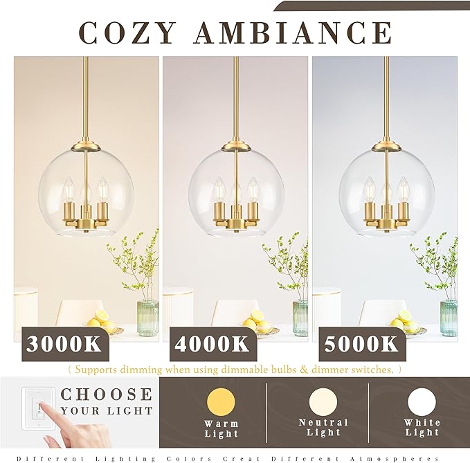 12" Gold Pendant Lights Glass Globe Pendant Light Fixture Bedroom Mid Century Modern Pendant Lighting Brass Pendant Light for Kitchen Island Bedroom Living Room Dinning Room (Bulb Incl.)