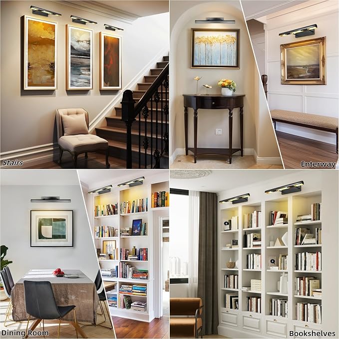 Matte Black Picture Lights for Wall, 24" Art Light Hardwired, 3-Light Bronze Gallery Light, Warm White 2700k Dimmable Picture Frame Lights, 270° Vanity Light for Bathroom, Living Room, Hallway