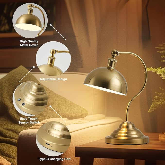 Cordless LED Table Lamp, 180° Swing Arm Desk Lamp, Rechargeable, Dimmable/3 Color/Memory Function, Vintage Rechargeable Table Light for Living Room,Bedroom,Bedside, Brass