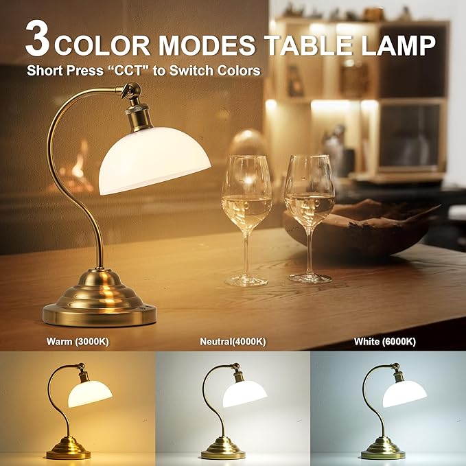 Cordless LED Table Lamp Set of Two, Swing Arm Desk Lamp, Battery Operated,Dimmable/3 Color,Modern Rechargeable Table Light for Living Room,Bedroom,Bedside, White Glass Shade, Brass