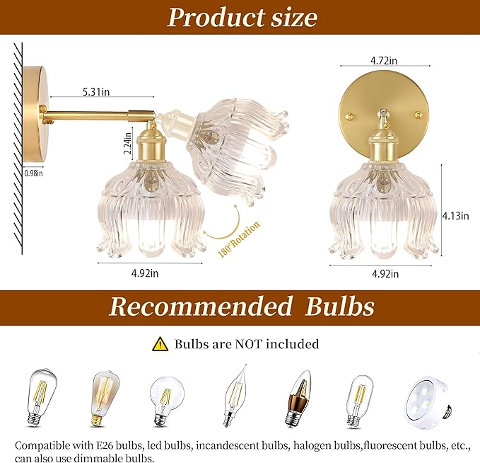 Battery Operated Wall Sconce with Remote Control,Vintage Wall Lamp with Flower lampshade,Rechargeable Battery Powered Wall Lights with 15 Colors for Beside Bedroom Living Room Doorway,Flower Clear