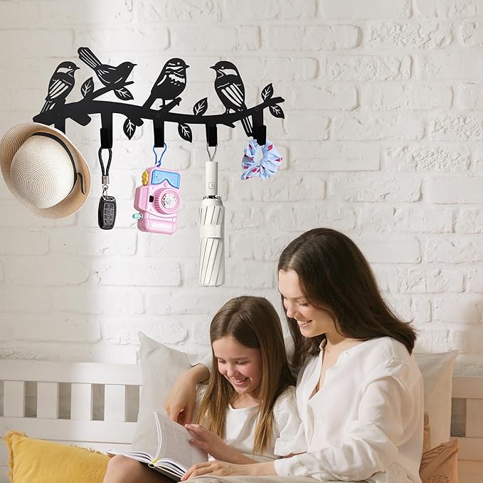 Metal Bird Coat Hooks Wall Art Decor-Bird Hangers and Key Holder-Animal Theme Hooks Sweet Home Decor for Storage, Living Room, Hallway, Office (Black)