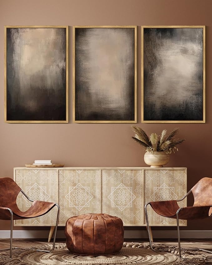 KUVIOKE Abstract Framed Wall Art Set Earthy in Deep Brown and Beige Tones Modern Art Decorative Home Decor 16x24in (Natural Framed)