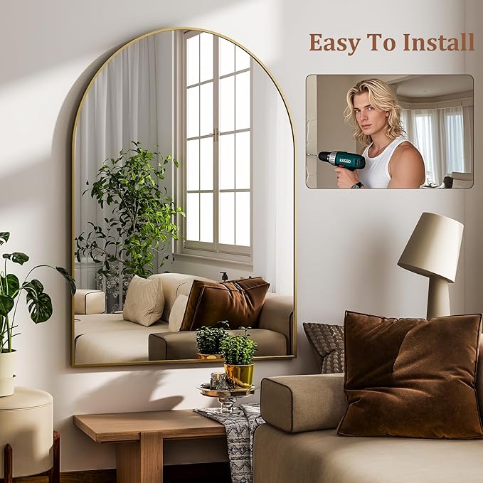 HARRITPURE Arched Wall Mirror 24"x36" – Gold Metal Frame Vanity Mirrors for Bedroom, Entryway, Living Room Decor