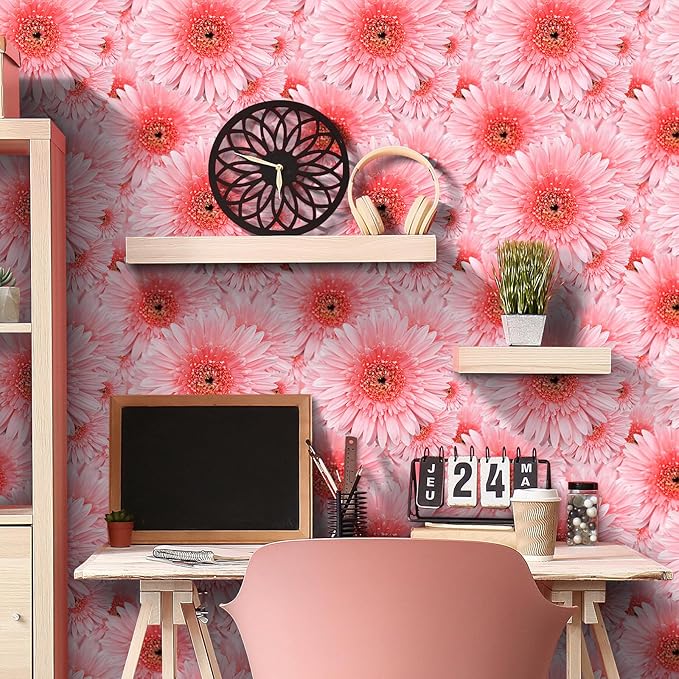 Livelynine 17.5x276" Pink Wallpaper Stick and Peel Boho Pink Flower Wall Paper for Girls Room Bathroom Accent Daisy Coquette Floral Wall Murals Removable Decorative Contact Paper for Furniture Desk