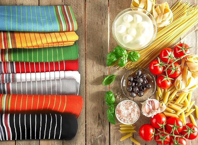 Urban Villa Kitchen Towels, Premium Quality, Cotton Dish Towels,Mitered Corners,Ultra Soft (Size: 20X30 in),Multi Color Waffle Stripes, Highly Absorbent Bar Towels & Tea Towels - (Set of 8)