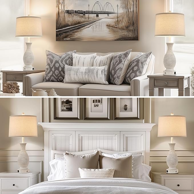 28" Rustic Farmhouse Table Lamps for Living Room Set of 2 Bedroom Lamps for Nightstand with USB A+C Charging Ports, 3-Way Dimmable Touch Bedside Lamp, Off-White, Linen Lampshade, LED Bulbs Included