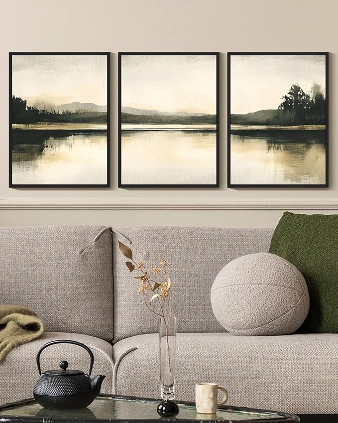 KUVIOKE Watercolor Abstract Mountain Lake Framed Wall Art Brown Landscape Nature Wilderness Painting Nordic Neutral Tan Illustration Decorative Home Decor 11x14in (Black Framed)
