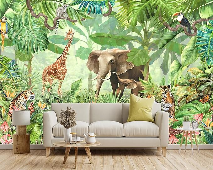 -Green Rainforest Plants Animals Tiger Cloth Wallpaper Jungle Plants Banana Leaves Boys Girls Kindergarten Children's Room Large Mural- 160"x108"（ not Peel and Stick）