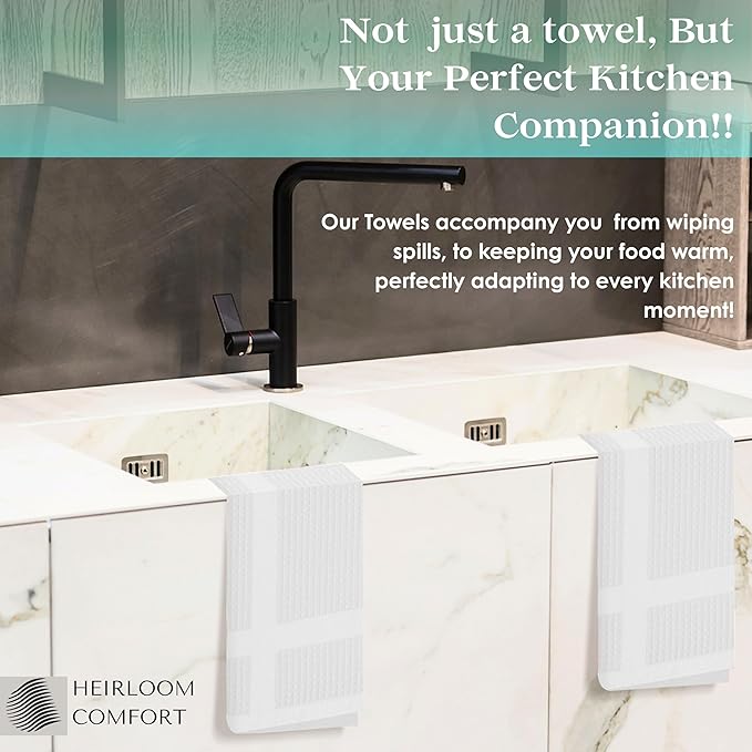 3 Pack White Waffle Weave Kitchen Towels, 100% Cotton, 16"x26", Super Absorbent, Quick Dry Dishcloth Set with Hanging Loop, Soft for Drying Dishes, Cleaning, Hand Towels, Durable