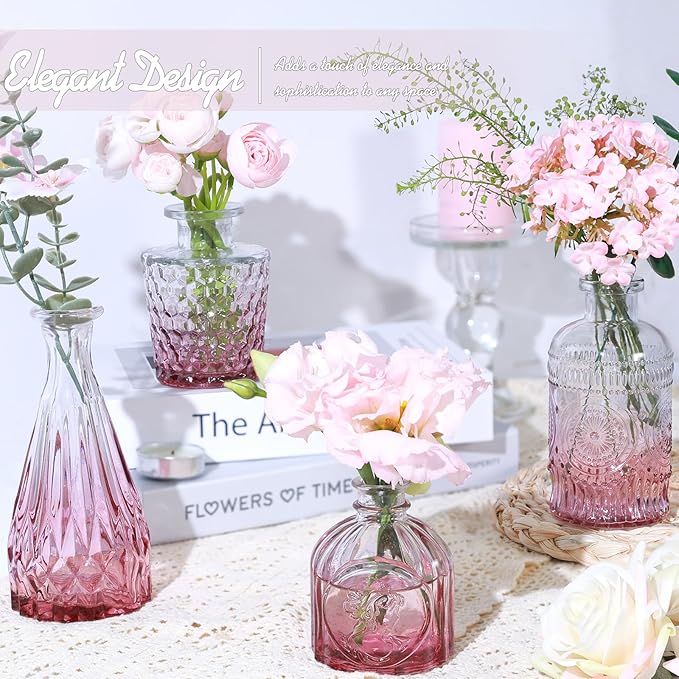 Pink Day Glass Bud Vase Set of 5, Small Flower Vases for Centerpieces in Bulk, Mini Vintage Vase for Wedding Decor, Single Flowers, and Home Table Décor
