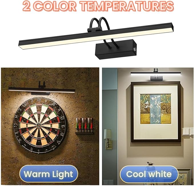 FUNCHDAY Dimmable Picture Light with Remote, 2 Colors Wireless Art Lights for Wall, 5000mAh Rechargeable Battery Gallery Pictures Lights, 16in Metal Display Light for Photo,Frame (Black)