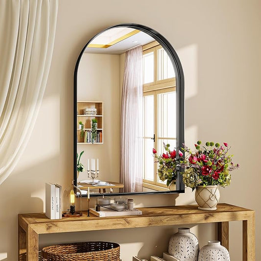24" x 36" Luxury Arched Bathroom Mirror - Arch Wall Mirror with Shatterproof Tempered Glass and Metal Deep Frame, Hanging or Leaning for Living Room, Dresser, Entrance and Hallway, Black