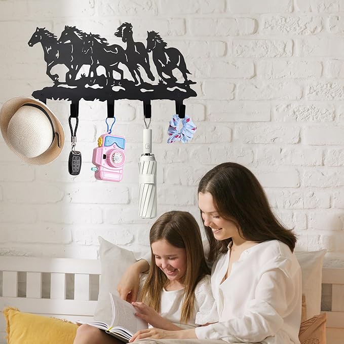 Metal Horse Coat Hooks Wall Art Decor-Horse Hangers and Key Holder-Clothes Rack and Backpack Hanger-Coat Hooks Home Decor for Storage, Living Room, Hallway, Office (Black)