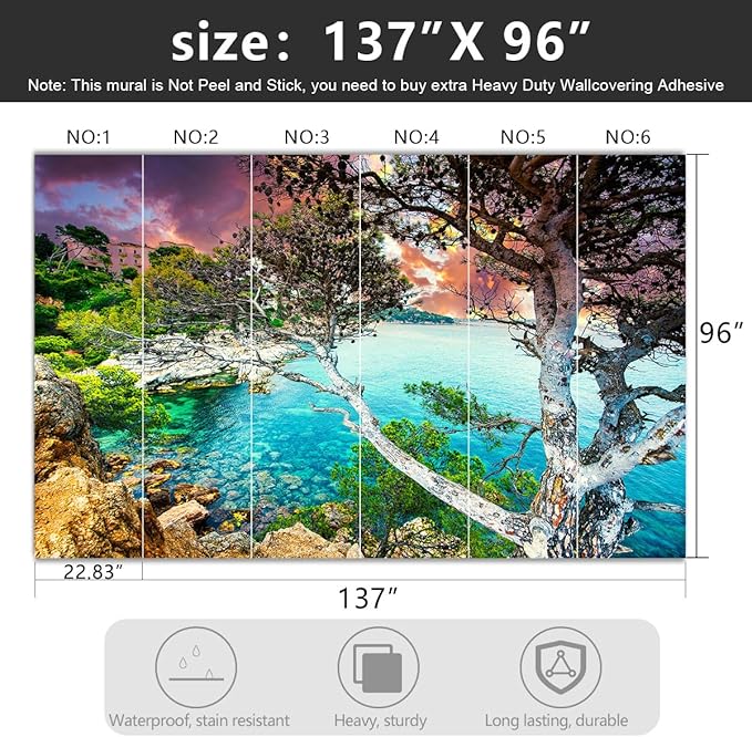 -Summer Sandy Shore Landscapes Fabric Wallpaper Clear Ocean seashores Islands Living Room Bedroom Bathroom Wall Mural- 137"x96"（ not Peel and Stick）