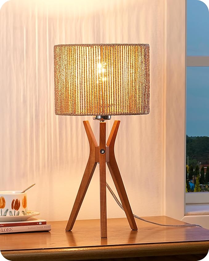 EDISHINE 17.5" Rattan Table Lamp, Wood Bedside Lamp with Handmade Paper Rope Woven Lampshade, Nightstand Lamp for Living Room, Bedroom, E26 Base, ON-Off Switch