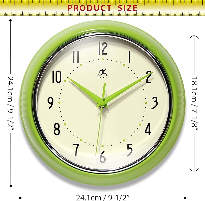 Infinity Instruments LTD. Retro 9 inch Silent Sweep Non-Ticking Mid Century Modern Kitchen Diner Wall Clock Quartz Movement Retro Wall Clock Decorative (Apple Green)…