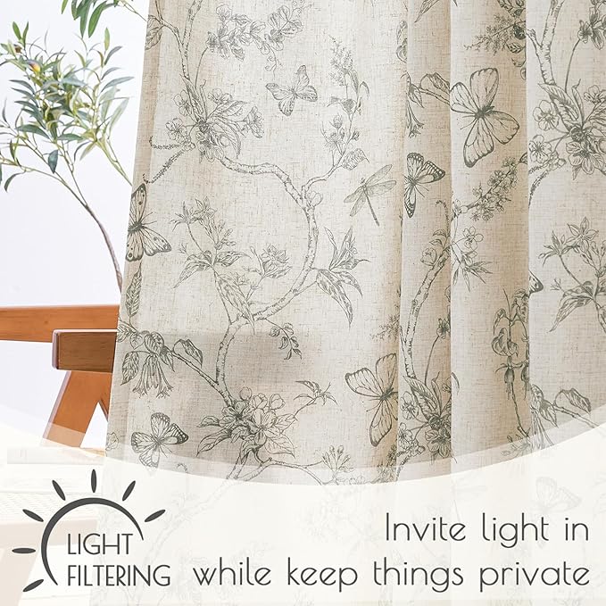 Lazzzy Lined Linen Farmhouse Grey Floral Curtains 63 Inch Length Back Tab Drapes for Living Room Bedroom Light Filtering Country Vintage Rod Pocket, 2 Panels, Gray on Beige
