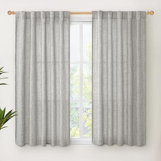 YoungsTex Dark Grey Linen Curtains 45 Inch Length for Short Window, Semi Sheer Drapes with Back Tab Rod Pocket Light Filtering for Kitchen Bathroom Bedroom, 2 Panels, 42 X 45 Inch