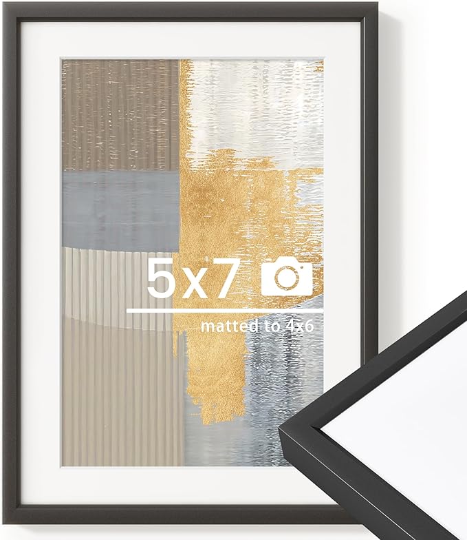 5x7 inch Metal Picture Frame - 5 x 7 Thin Aluminum Photo Frames with 4x6 Removable Mat - High Definition Plexiglass - Ideal for Wall or Tabletop Display - Black, Set of 1