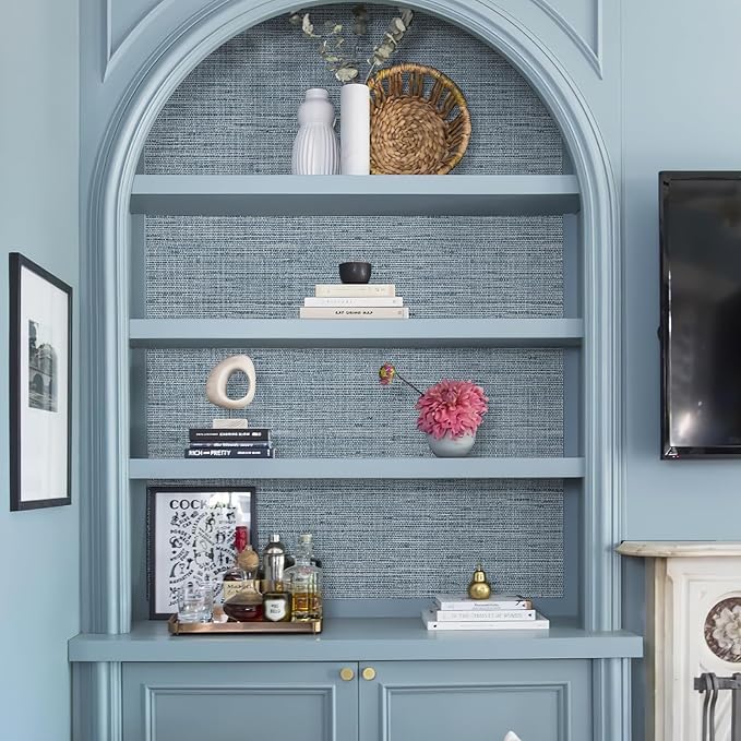 Grasscloth Peel and Stick Wallpaper 17.3" x 394" Blue Textured Grasscloth Wall Paper Renter Friendly Wallpaper Self Adhesive Removable for Bathroom Bedroom