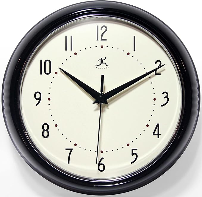Infinity Instruments LTD. Retro 9 inch Silent Sweep Non-Ticking Mid Century Modern Kitchen Diner Wall Clock Quartz Movement Retro Wall Clock Decorative (Black)