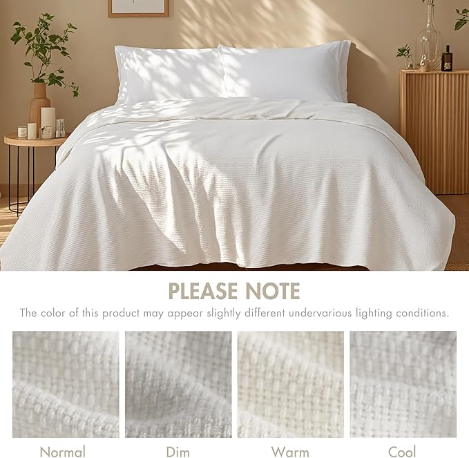 Madison Park Freshspun Basketweave Luxury Cotton Blanket Cream 66x90" Twin Size Basketweave Premium Soft Cozy 100% Cotton For Bed, Couch or Sofa