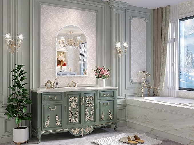 Arched Mirror for Wall, 22"x30" White Arch Bathroom Vanity Mirrors, Metal Floral Frame Decorative Arch Wall Mirror, White Arched Mirrors for Washroom, Bedroom, Entryway, Living Room