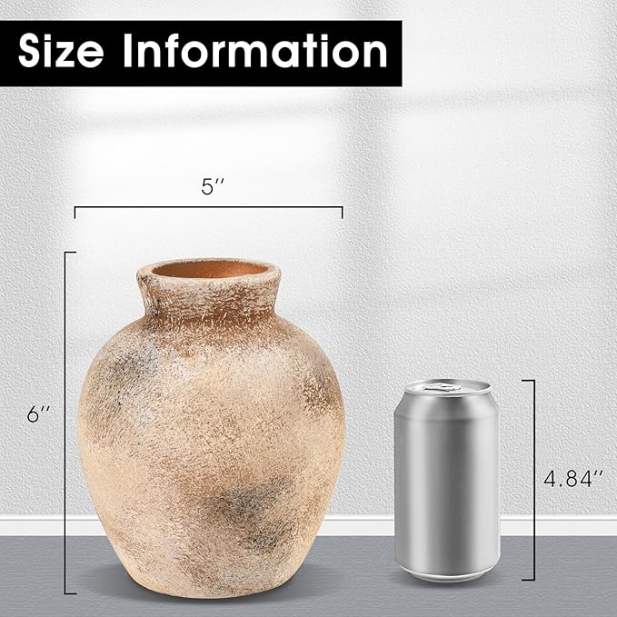 Ceramic Decorative Flower Vase | 6 Inch Pottery Rustic Farmhouse | Boho | Whitewashed Terracotta Vase for Home Decor, Table, Living Room, Bathroom, Shelf, Mantel Decoration, Terra