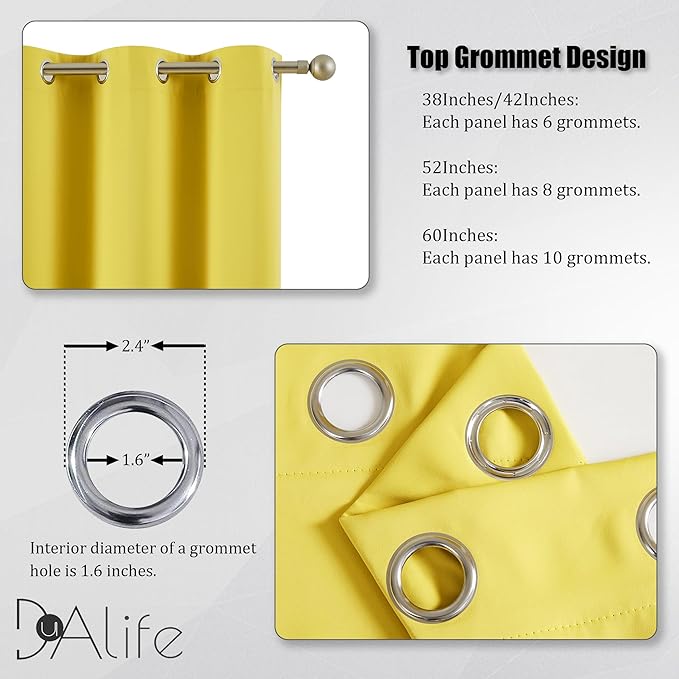 DUALIFE Yellow Blackout Curtains - Room Darkening Grommet Thermal Insulated Small Window Curtain for Kids Bedroom, 2 Panels Sets (52 x 45 Inches Long, Illuminating Yellow)