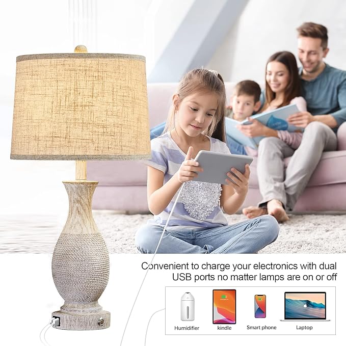 28" Farmhouse Table Lamp for Living Room, Rustic Touch Bedside Table Lamps Set of 2 with USB Charging Ports,3-Way Dimmable Nightstand Lamps for Bedroom,Oatmeal Linen Lampshade,LED Bulbs Included