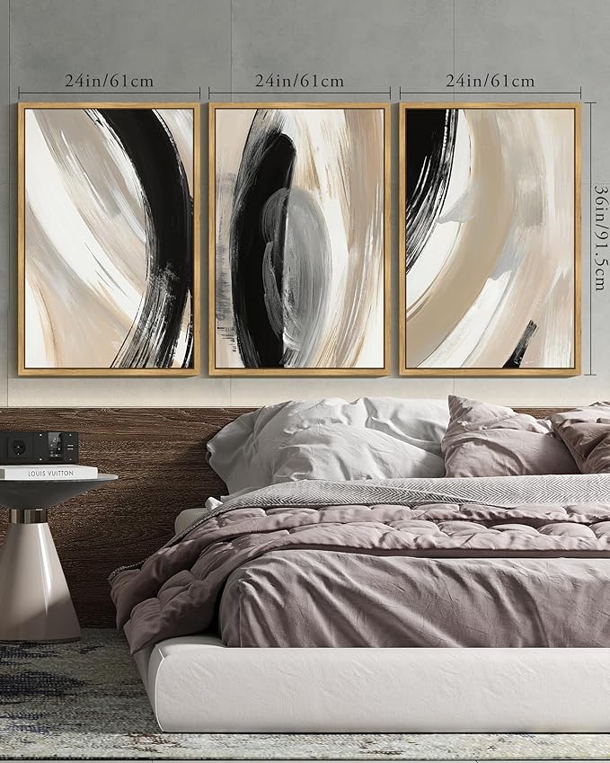 KUVIOKE Modern Abstract Framed Wall Art Black Neutral Minimalist Ink and Wash Graffiti Pastel Wall Decor for Bedroom Living Room 24x36in (Natural Framed)