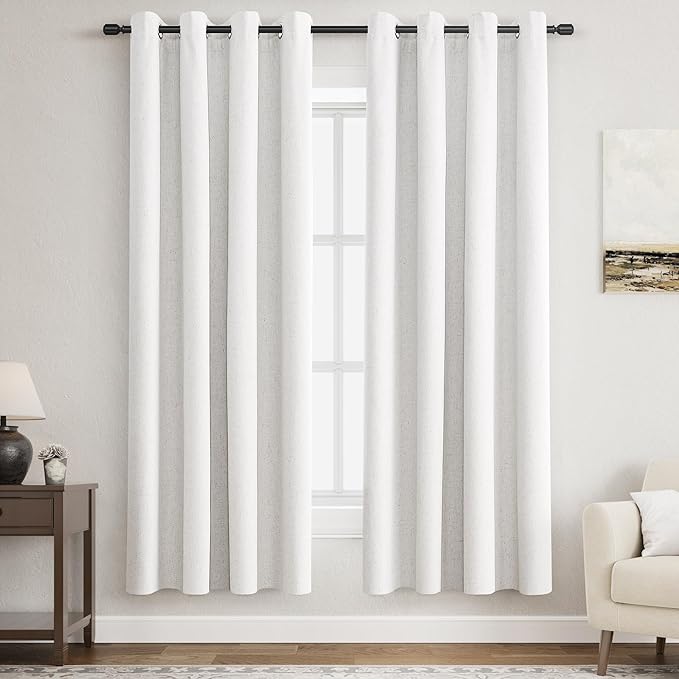 100% Blackout Linen Curtains for Bedroom Thermal Insulated Grommet Complete Blackout Drapes 72 Inch Length 2 Panels Set Heat Full Light Blocking Living Room Darkening Curtains Beige White 52Wx72L
