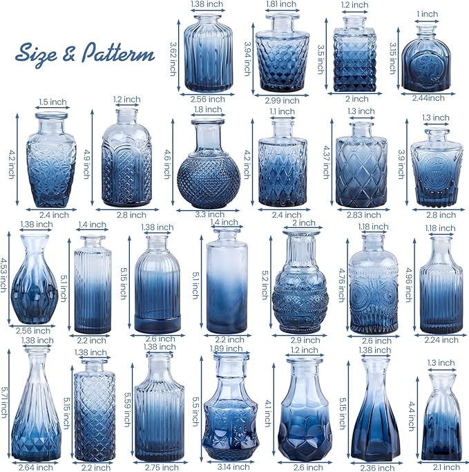 24Pcs Blue Glass Bud Vases Set, Small Vases for Flowers, Perfect for Centerpieces at Parties, Baby Showers, Weddings, Events, Graduation Season, Great Gifts for Office & Home Décor
