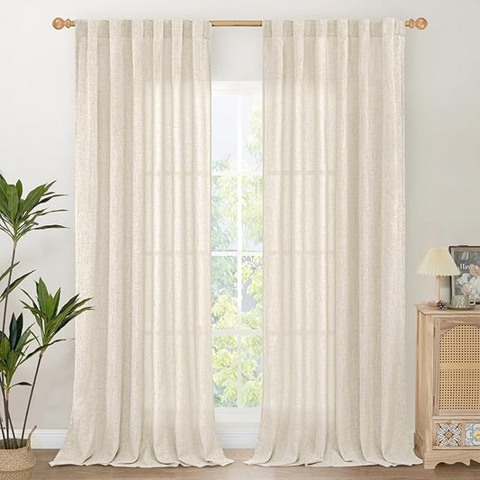 YoungsTex Linen Curtains 95 Inch Length for Living Room 2 Panels, Cream Semi Sheer Window Treatments with Rod Pocket Back Tab Light Filtering for Bedroom Dining Room Office, 52 X 95 Inch