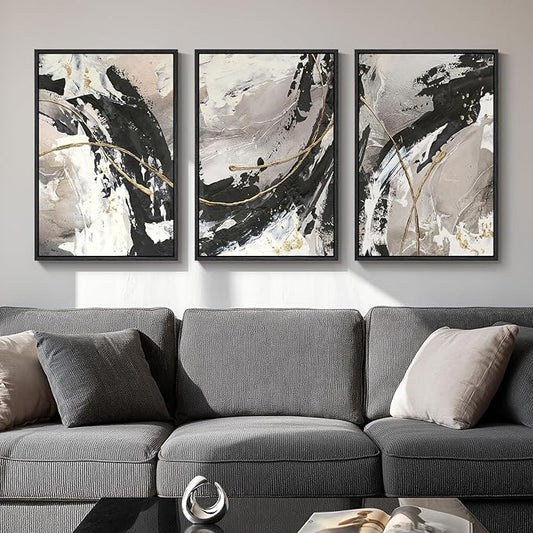 Framed Black and White Abstract Wall Art for Living Room, 3 Piece Modern Canvas Prints Artwork for Walls, Minimalist Gold Lines Painting Wall Decor, Bedroom, Kitchen, Hallway, Office, 16" x 24"
