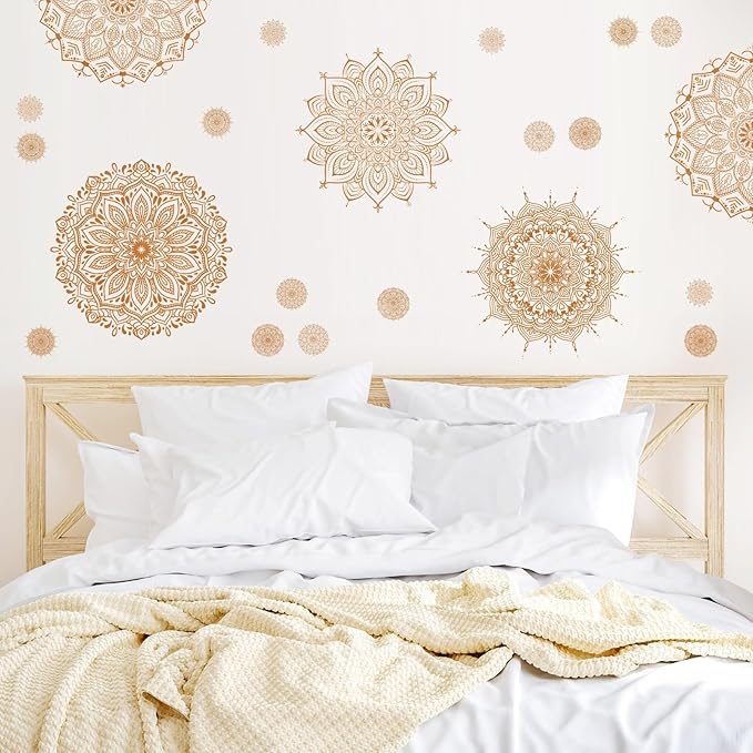 Kazova's Brown Mandala Wall Decals Lotus Flower Yoga & Heart Chakra Stickers Boho Lotus Decor & Headboard Sticker Removable Wall Art Sticker for Bedroom Living Room Decor