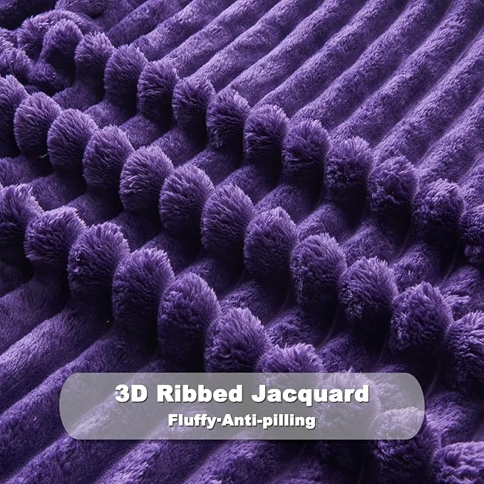 NEWCOSPLAY Super Soft Throw Blanket Purple Premium Silky Flannel Fleece 3D Ribbed Jacquard Lightweight Bed Blanket All Season Use (Purple Ribbed, Throw(50"x60"))