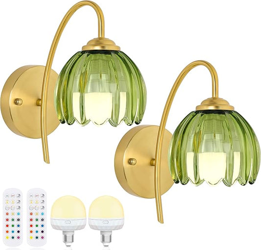 Vintage Battery Operated Wall Sconce with Flower lampshade,Rechargeable Battery Powered Wall Lights,Wall lamp with 15 Colors for Bedroom Living Room Home Decor (Green Tulip, 2 Light Battery Operated)