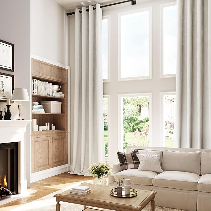 Nanspring Black Out Linen Curtains 132 Inch Long for Bedroom Grommet Neutral Cream Blackout Drapes for Bedroom Modern Farmhouse Thermal Insulated Blackout Curtain 132 Inch Length with White Backing
