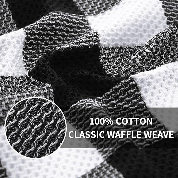 Homaxy 100% Cotton Waffle Weave Check Plaid Kitchen Towels, 13 x 28 Inches, Super Soft and Absorbent Dish Towels for Drying Dishes, 8-Pack, White & Black